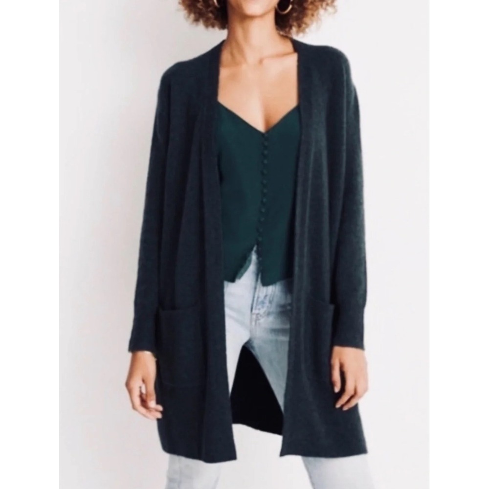 Madewell Kent Cardigan Sweater Forest Green Open Front Pocket Longline Large